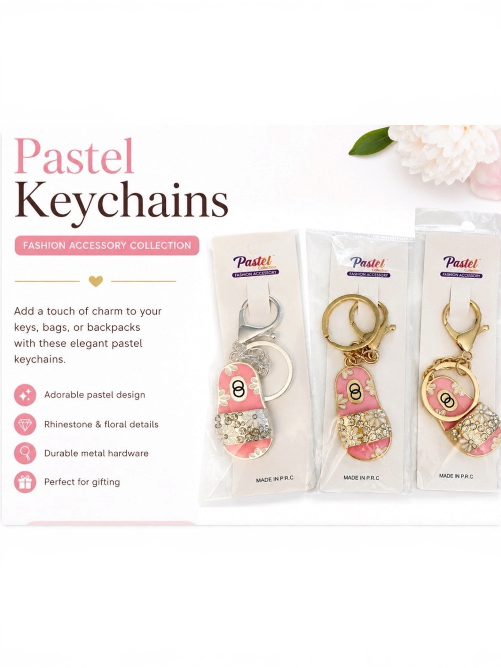 THREE CUTE PASTEL PINK NOVELTY FLIP FLOPS BAG CHARM KEYCHAINS